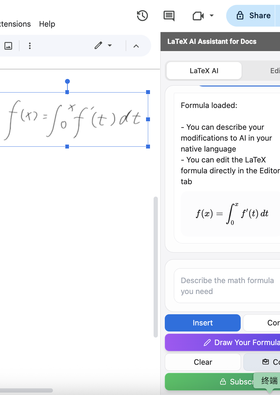 Google Docs LaTeX 3. Copy Photo of Handwritten - Take a photo of formulas from whiteboards or blackboards - our AI recognizes and converts handwritten math.