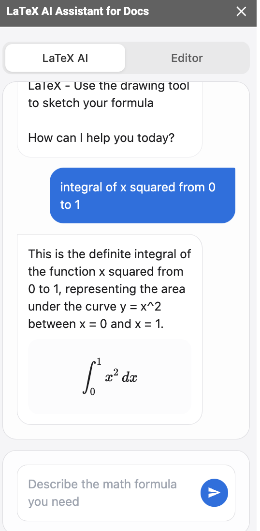 Google Docs LaTeX Generation 5. AI Generates LaTeX - Watch as AI instantly transforms your input into precise equations with real-time preview.