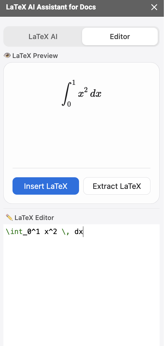Google Docs LaTeX Generation 7. Edit - If you're familiar with equation syntax, directly modify your formula in our professional editor.